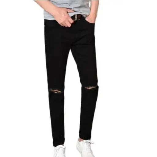 Men's Black Knee Cut Distressed Slim Fit Jeans Men's Stretchable Damaged Black J