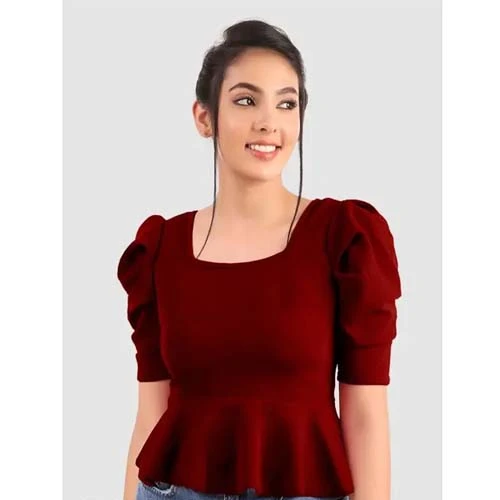 Women Square Neck Puff Sleeves Peplum Top (Women Top | Women Tops | Top)
