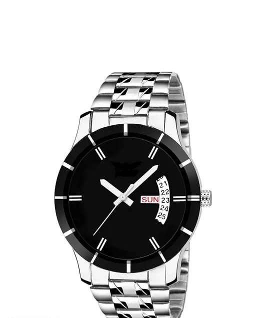 Day & Date Feature Analogue Men Watch (Black Dial Silver Colored Chain)