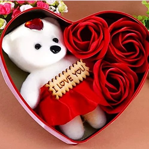 Valentine Teddy Bear With Red Roses