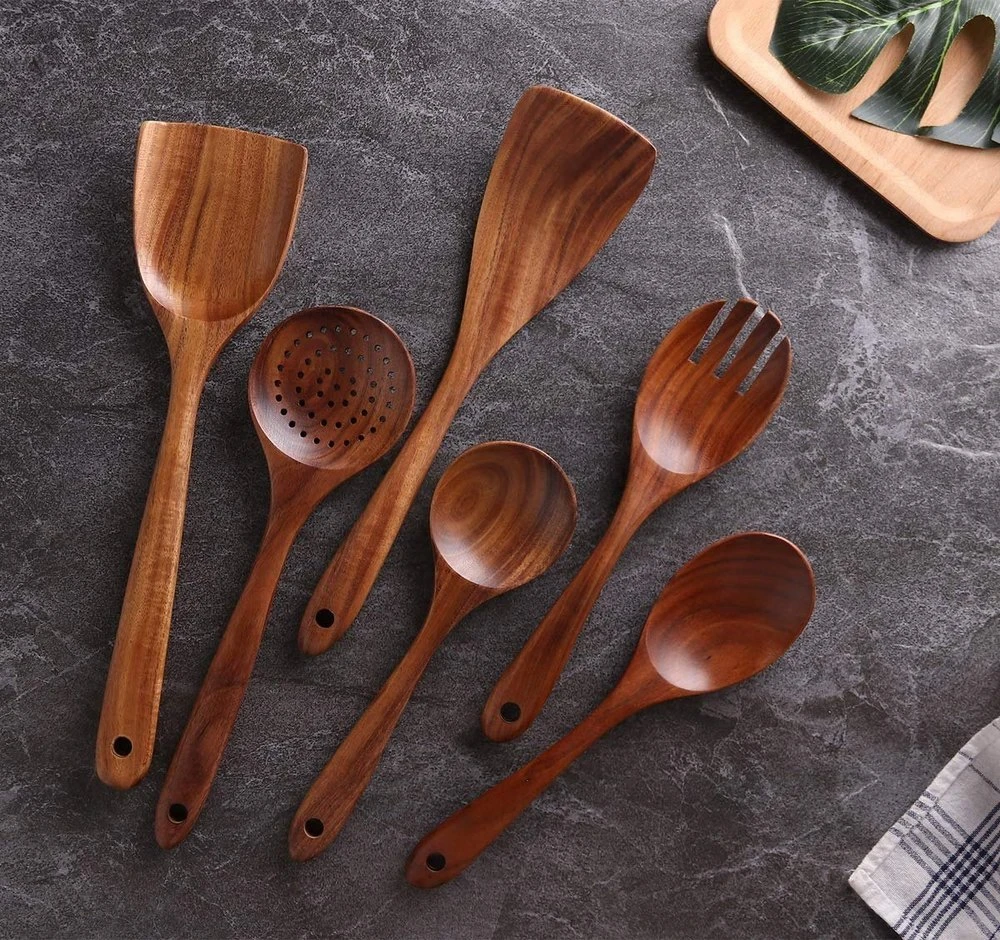 Wooden Non Stick Serving and Cooking Spoon Kitchen Tools Utensil Set of 6